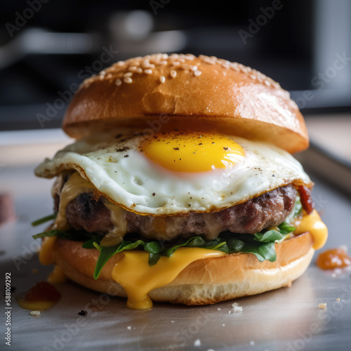 hamburger on a plate, AI generated, breakfast burger with egg