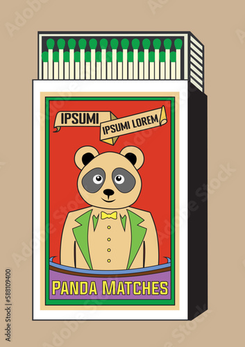 Giant panda. illustration in Matchbox and matches vector illustration. Vintage and antique matchbox packaging design illustration. retro style packaging. old style design. open box and template.