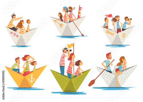 Family with Kids in Striped Sweatshirt Sailing on Board of Paper Boat Across River Vector Set