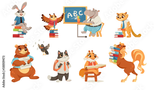 Animals Students at School Studying Having Lesson Vector Set