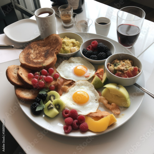 breakfast with coffee,  eggs, avocado, AI generated