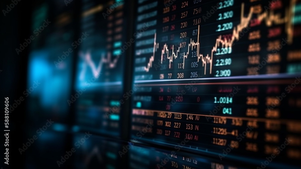 Monitor of stock market report. display, information, datum, stock exchange, investment, stock, market, technology, digital, business, finance. (Generative AI)	
