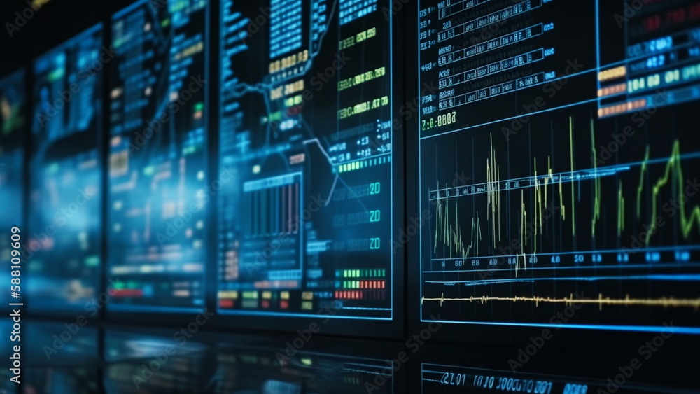 Monitor of stock market report. display, information, datum, stock exchange, investment, stock, market, technology, digital, business, finance. (Generative AI)	