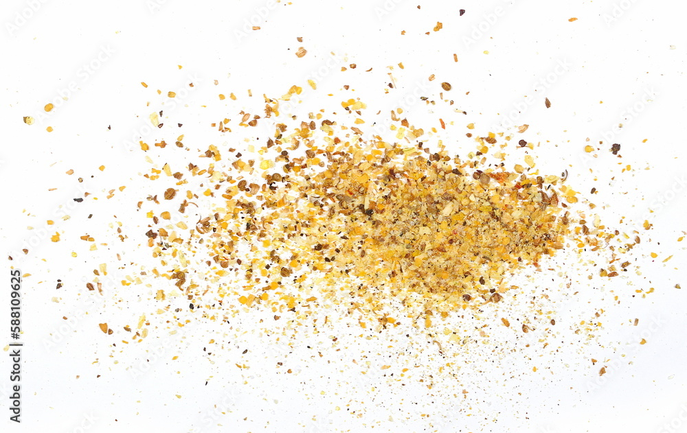 Turkish ground mix spice, sea salt, black and white pepper, mustard, black onion in granules, coriander, dried and chopped pepper, garlic isolated on white, top view Turkish ground mix spice, sea salt, black and white pepper, mustard, black onion in granules, coriander, dried and chopped pepper, garlic isolated on white, top view