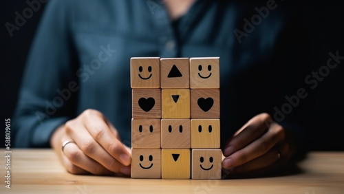 Customer hand selects wooden cube with smiley face icon, The best excellent business services rating customer experience with Generative AI.