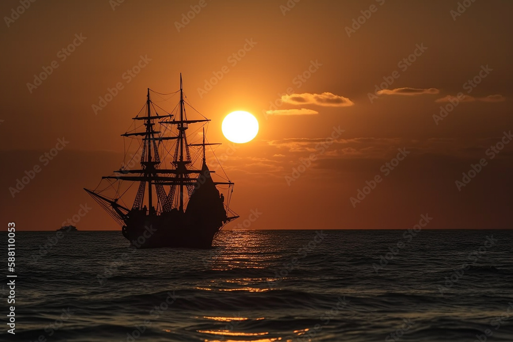 Amazing sunrise or sunset on the ocean or sea with vintage pirate ship in the distance and sun. Old wood or wooden sailboat crusing. Ai generated