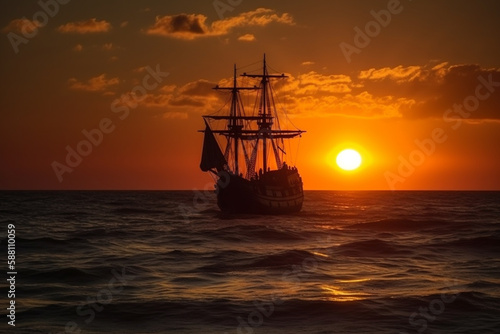 Amazing sunrise or sunset on the ocean or sea with vintage pirate ship in the distance and sun. Old wood or wooden sailboat crusing. Ai generated