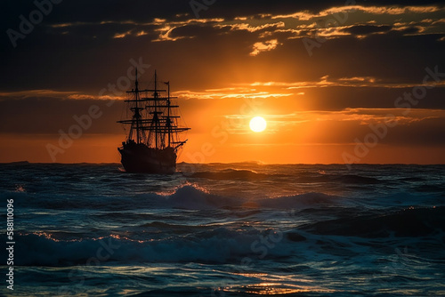 Amazing sunrise or sunset on the ocean or sea with vintage pirate ship in the distance and sun. Old wood or wooden sailboat crusing. Ai generated © dragomirescu