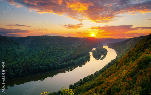 View on top of the colorful sunset over the Dniester river. Ukraine, Europe.