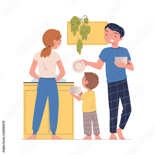 Family in the Kitchen at Sink Washing Plates and Stacking Them Vector Illustration