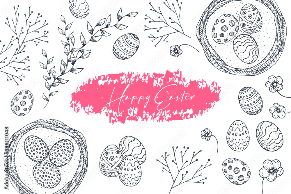 Happy Easter. Hand drawn Easter eggs, spring flowers and branches collection. Retro style sketch