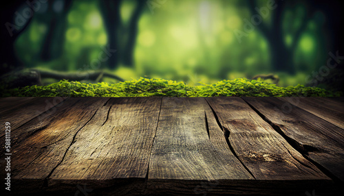 Empty old wooden table with green forest background
