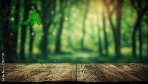 Empty old wooden table with green forest background