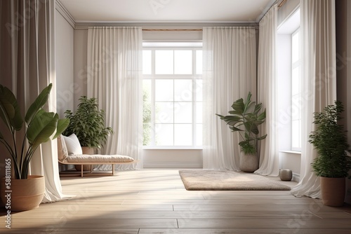 botanical living room with plants surrounding a large window. Generative AI © AkuAku