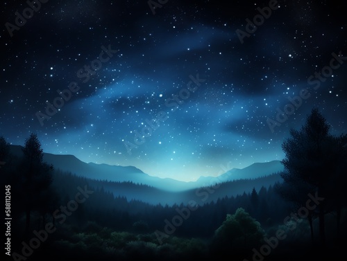 Fantasy night landscape with starry sky and silhouettes of trees