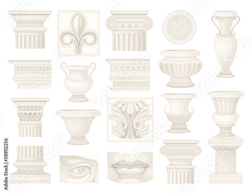 Antique Items with Ancient Ornamental Column Part and Amphora Big Vector Set