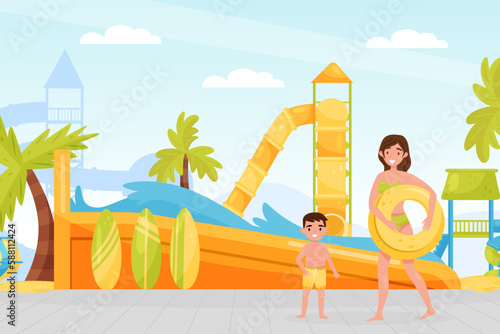 Aquapark with Mom and Son Enjoying Amusement Water Attraction and Slides Vector Illustration