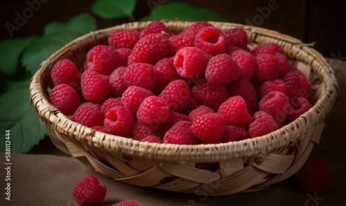  a wicker basket filled with raspberries on a table.  generative ai