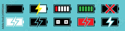 Battery set. Charged, half charged and dead battery. Charge your phone sign. Phone's battery information. Vector