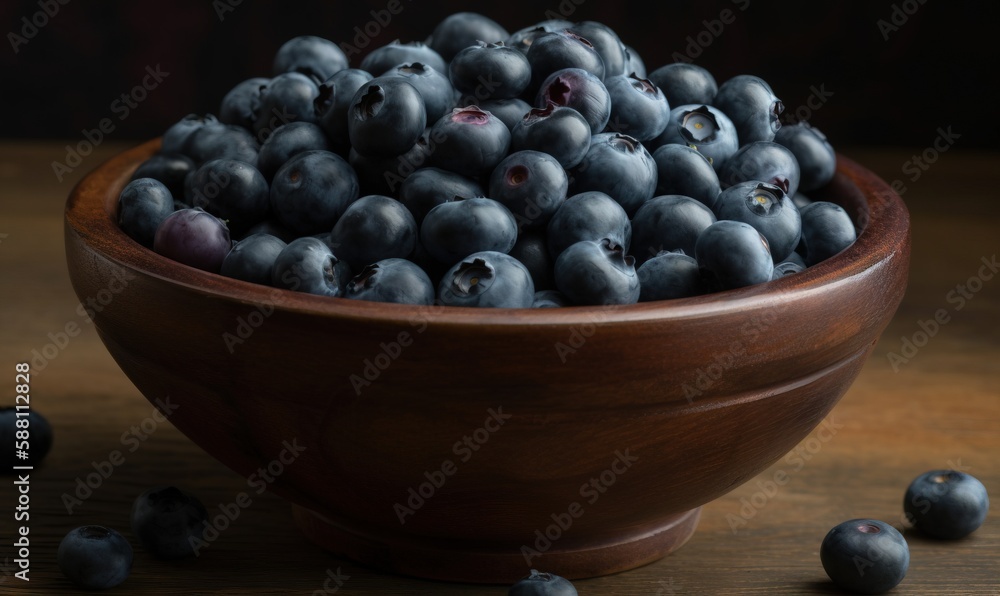 a wooden bowl filled with blueberries on top of a table. generative ai a wooden bowl filled with blueberries on top of a table. generative ai