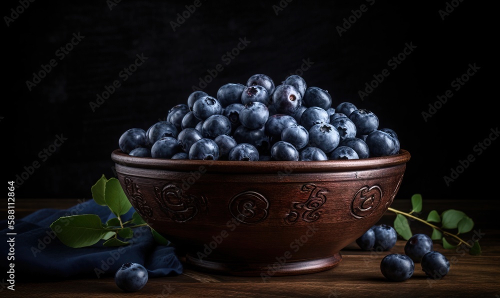 a wooden bowl filled with blueberries on top of a table. generative ai a wooden bowl filled with blueberries on top of a table. generative ai