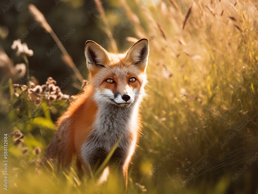 Fototapeta premium Red fox in the field at sunset, close-up portrait.