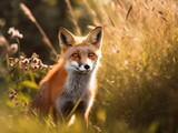 Red fox in the field at sunset, close-up portrait.