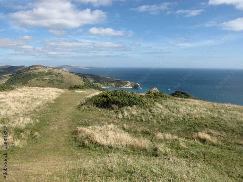 view at the english jurassic cliff coast with a cove in the sea from the top of the cliffs in summer view at the english jurassic cliff coast with a cove in the sea from the top of the cliffs in summer