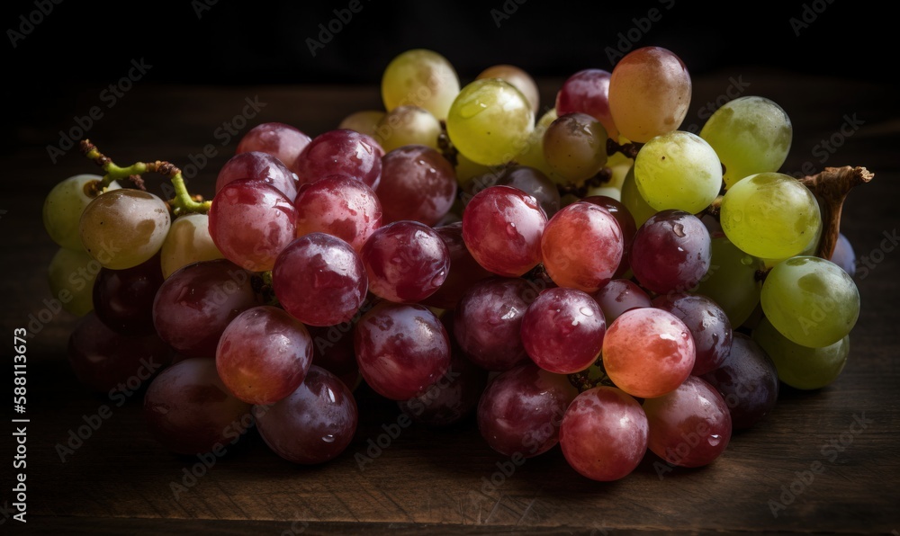 a bunch of grapes sitting on top of a wooden table. generative ai a bunch of grapes sitting on top of a wooden table. generative ai