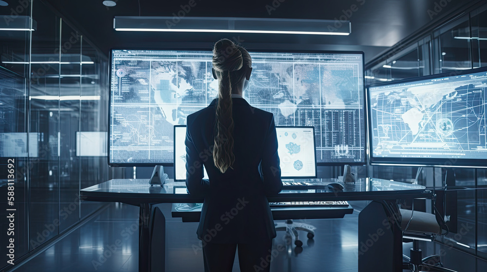 Back view of a businesswoman in a control room of a financial office. Generative AI Back view of a businesswoman in a control room of a financial office. Generative AI