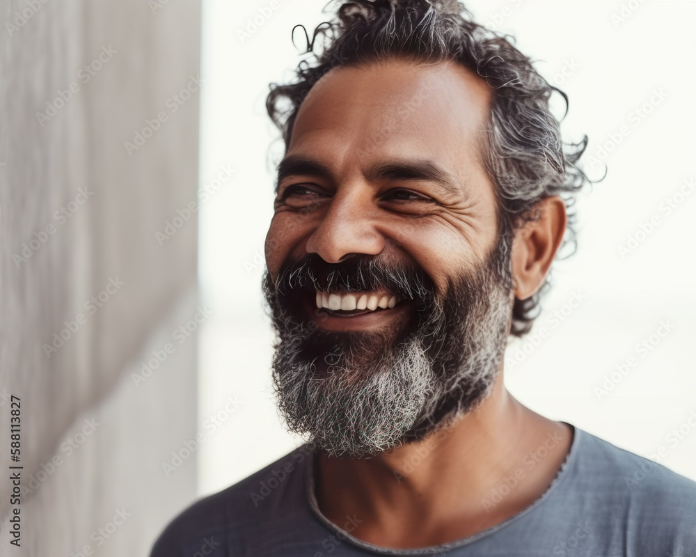 Smiling 40 year old man with a long beard standing in front of a grey