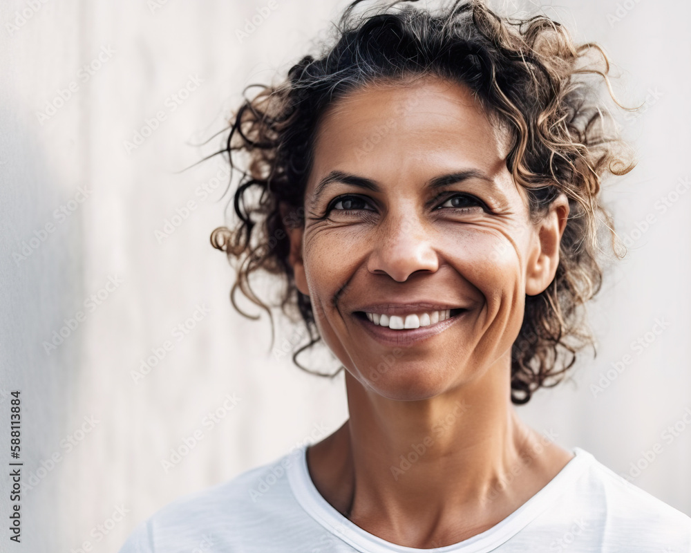 smiling-40-year-old-woman-with-curly-hair-standing-in-front-of-a-white