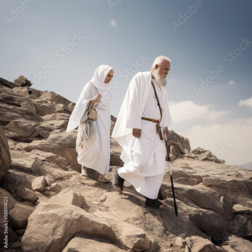 AI generated muslim woman with her husband on their way to Hajj photo