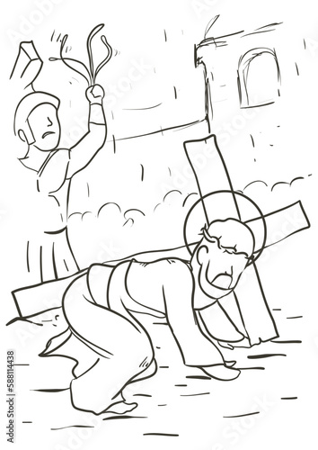 Via Crucis drawing depicting when Jesus falls for the first time, Vector illustration