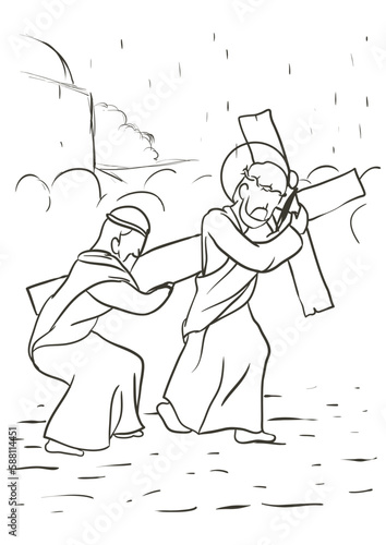 Obraz na plátně Via Crucis drawing depicting when Simon of Cyrene helps Jesus carry the cross, V