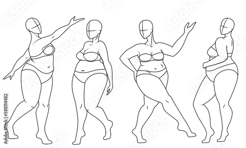 Plus Size Fashion Figure Templates. Exaggerated Croquis for Fashion Design and Illustration. Vector Illustration