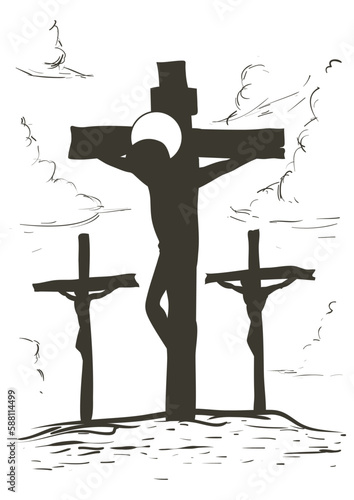 Via Crucis drawing depicting when Jesus dies on the cross, Vector illustration
