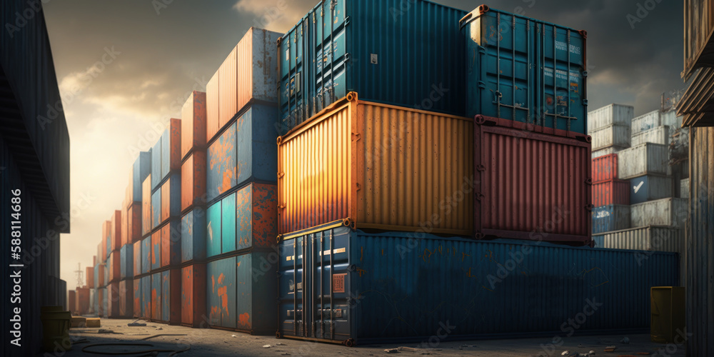 Fototapeta premium stacked containers in port or loading dock, generative ai