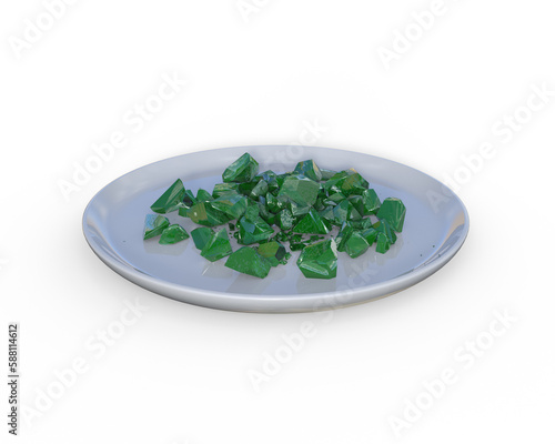 3D illustration of a plate containing green crystalline solids.