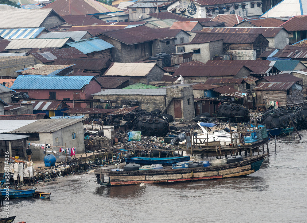 Panorama of african town on the riverside. Lagos, Nigeria, Africa
