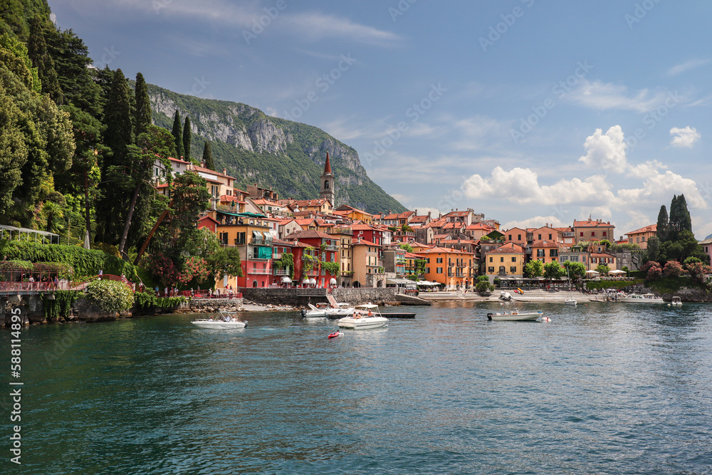 Picturesque Town Varenna with Colorful Architecture. Lake Como Village during Summer Day in Italy.