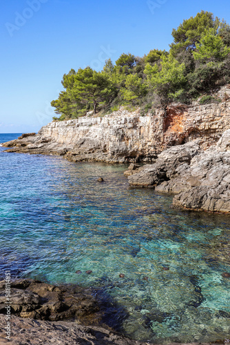 Hidden Rocky Beach with Turquoise Water in Croatia. Scenic Adriatic Sea with Stones and Trees in Pula during Summer Sunny Day.
