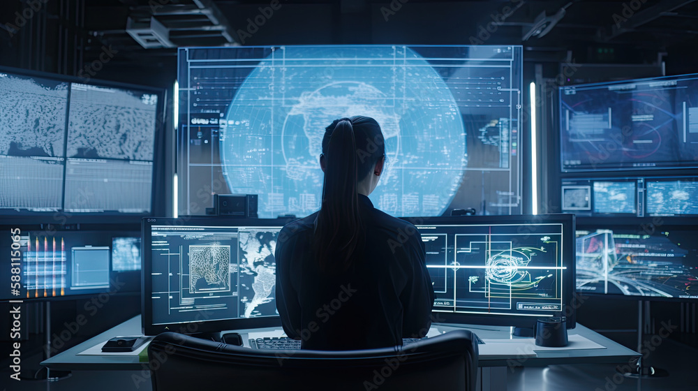 Back view of a businesswoman in a control room of a financial office. Generative AI Back view of a businesswoman in a control room of a financial office. Generative AI