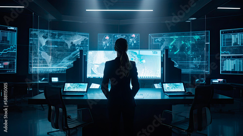 Back view of a businesswoman in a control room of a financial office. Generative AI