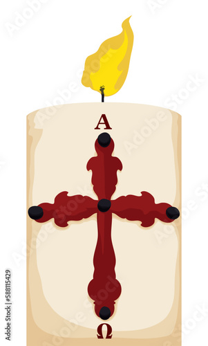 Lighted Paschal candle with cross for Easter Vigil, Vector illustration