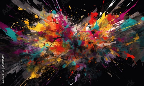  a colorful explosion of paint splattered on a black background.  generative ai