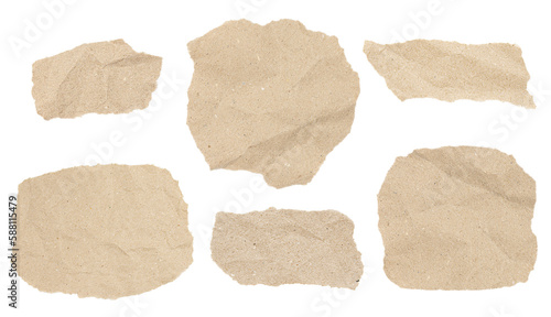 Set of torn recycled paper pieces isolated on transparent background