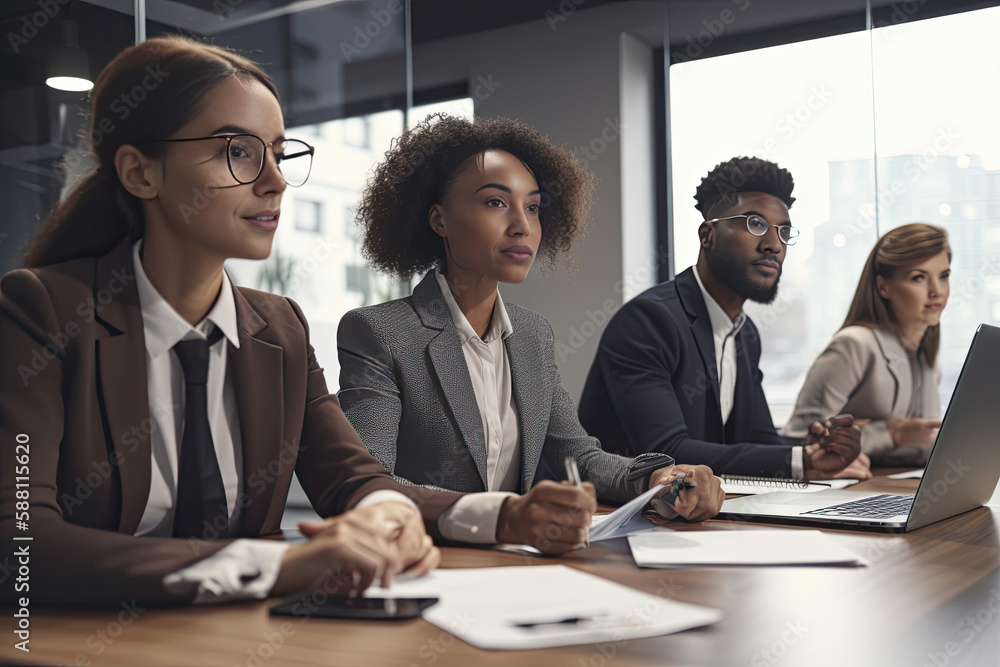 Multiethnic business people working together in modern office. Multiethnic group of business people sitting at table and working together. Generative AI Multiethnic business people working together in modern office. Multiethnic group of business people sitting at table and working together. Generative AI
