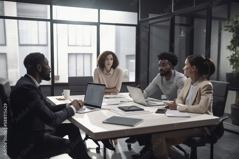 Group of multiethnic businesspeople working together in modern office. Generative AI Group of multiethnic businesspeople working together in modern office. Generative AI