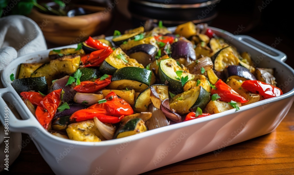 a casserole dish with vegetables in it on a table. generative ai a casserole dish with vegetables in it on a table. generative ai
